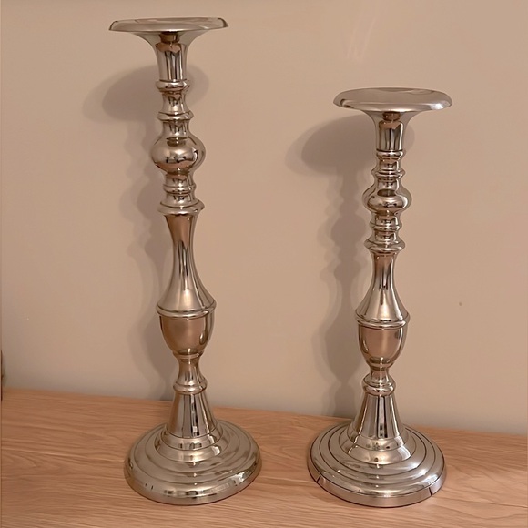 2pc Large Candlestick / Silver / Metal / Pillar - Picture 1 of 4